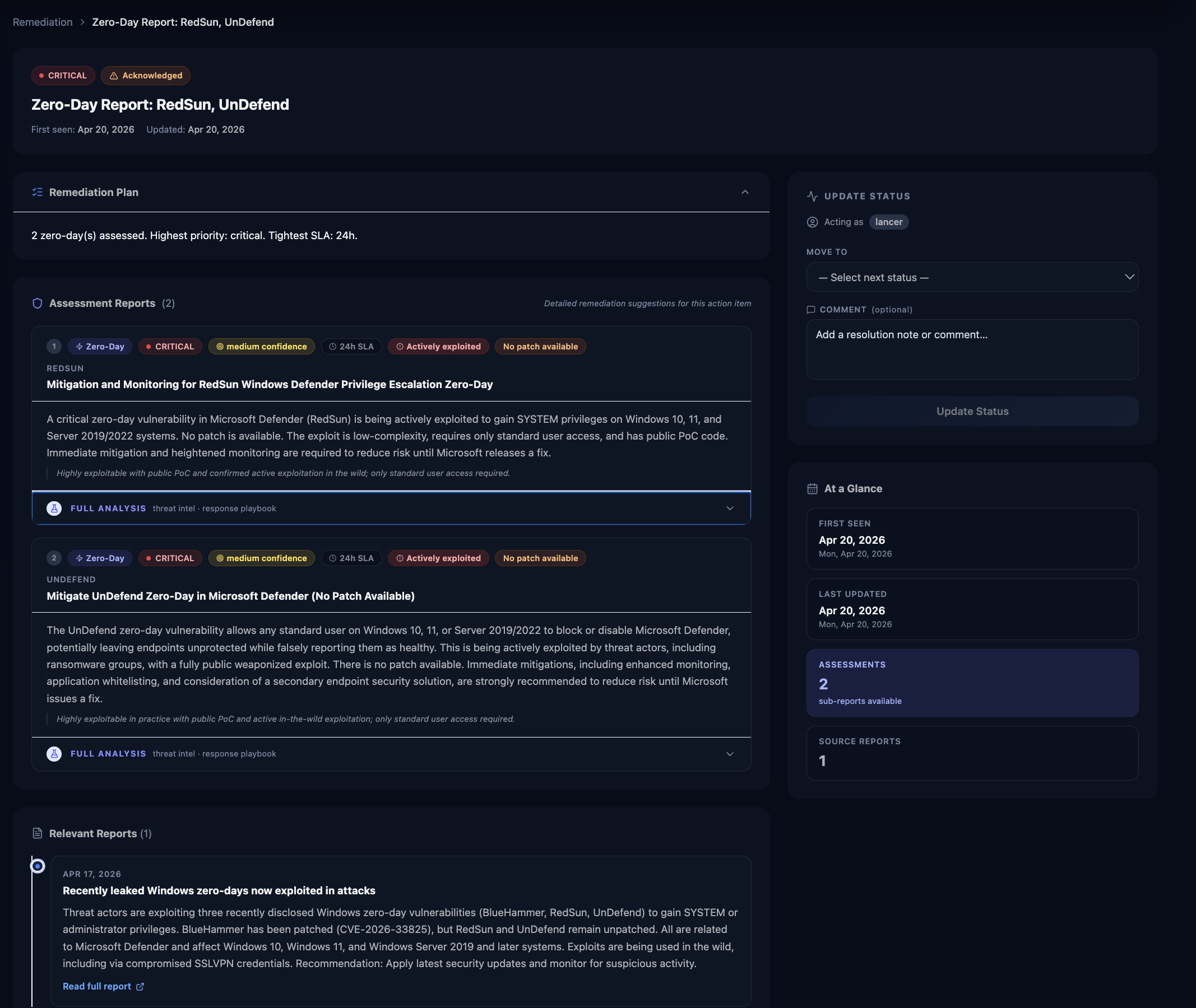 Zero-Day Report: RedSun, UnDefend — critical severity, actively exploited, no patch available